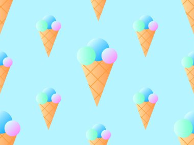 Dondurma külahı kusursuz desen. Gofret tarzı bir külahta dondurma. Dondurmalı yaz arkaplanı. Afişler, promosyon ürünleri ve ambalaj kağıtları için tasarım. Vektör illüstrasyonu