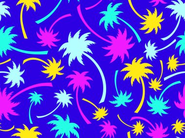 Renkli palmiye ağaçlarıyla kusursuz desen. Yaz zamanı, tropik palmiye ağaçları desenli duvar kağıdı. Tişört, pankart ve promosyon ürünleri için tasarım. Vektör illüstrasyonu