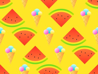 Dondurma külahları ve karpuz dilimleriyle kusursuz desen. Waffle külahında dondurma, çubukta dondurma. Üçgen karpuz dilimleri. Kapak ve afişlerin tasarımı. Vektör illüstrasyonu
