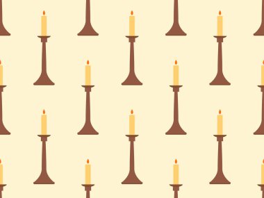 Minimalist tarzda şamdanlı kusursuz desen. Mumlu şamdan. Mum tutacağı ve yanan mumlar. Duvar kağıtları, ambalajlar, kapaklar ve afişler için tasarım. Vektör illüstrasyonu