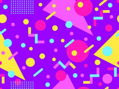 80 'lerin tarzında Memphis elementleriyle geometrik kusursuz desen. Renkli geometrik desen. Promosyon ürünleri tasarımı, ambalaj kağıdı ve baskı. Vektör illüstrasyonu