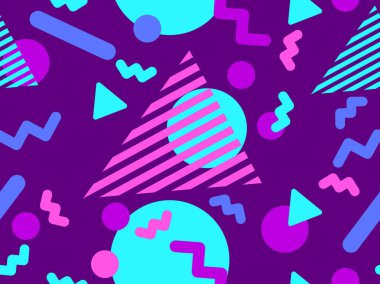 80 'lerin tarzında Memphis elementleriyle geometrik kusursuz desen. Renkli geometrik desen. Promosyon ürünleri tasarımı, ambalaj kağıdı ve baskı. Vektör illüstrasyonu