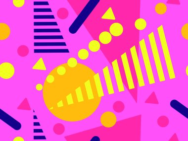 80 'lerin tarzında Memphis elementleriyle geometrik kusursuz desen. Renkli geometrik desen. Promosyon ürünleri tasarımı, ambalaj kağıdı ve baskı. Vektör illüstrasyonu