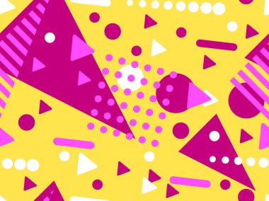 80 'lerin tarzında Memphis elementleriyle geometrik kusursuz desen. Renkli geometrik desen. Promosyon ürünleri tasarımı, ambalaj kağıdı ve baskı. Vektör illüstrasyonu