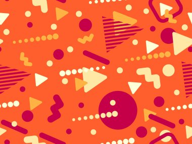 80 'lerin tarzında Memphis elementleriyle geometrik kusursuz desen. Renkli geometrik desen. Promosyon ürünleri tasarımı, ambalaj kağıdı ve baskı. Vektör illüstrasyonu