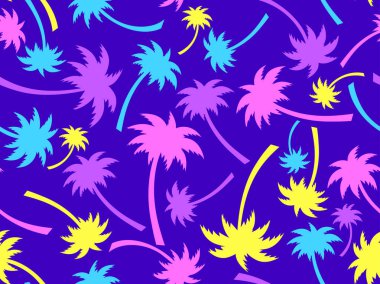 Renkli palmiye ağaçları pürüzsüz desenli. Yaz zamanı, mor arka planda tropik palmiye ağaçları olan duvar kağıdı. Tişört, pankart ve promosyon ürünleri için tasarım. Vektör illüstrasyonu