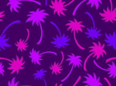 Palmiye ağaçlarıyla kusursuz desen. Yaz zamanı, tropik palmiye ağaçları desenli duvar kağıdı. Tişört, pankart ve promosyon ürünleri için tasarım. Vektör illüstrasyonu