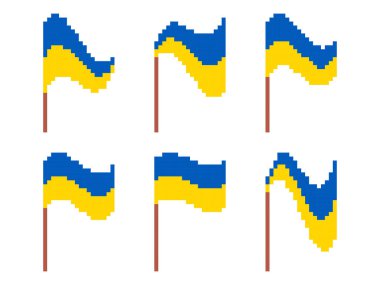 Piksel Ukrayna bayrak simgesi beyaz arkaplanda izole edildi. Ukrayna bayrağını 80 'lerden kalma 8 bit retro grafik tarzıyla sallıyor. Pankart ve posterler için pikselli sanat tasarımı. Vektör illüstrasyonu