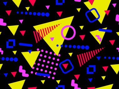 80 'lerin tarzında Memphis elementleriyle geometrik kusursuz desen. Renkli geometrik desen. Promosyon ürünleri tasarımı, ambalaj kağıdı ve baskı. Vektör illüstrasyonu