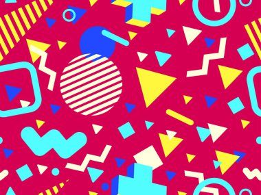 80 'lerin tarzında Memphis elementleriyle geometrik kusursuz desen. Renkli geometrik desen. Promosyon ürünleri tasarımı, ambalaj kağıdı ve baskı. Vektör illüstrasyonu