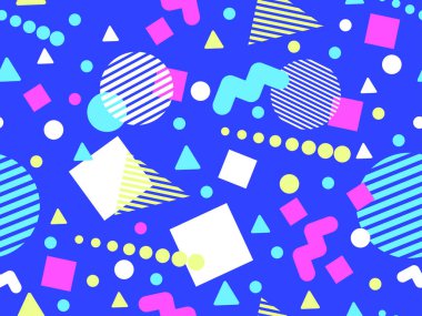 80 'lerin tarzında Memphis elementleriyle geometrik kusursuz desen. Renkli geometrik desen. Promosyon ürünleri tasarımı, ambalaj kağıdı ve baskı. Vektör illüstrasyonu