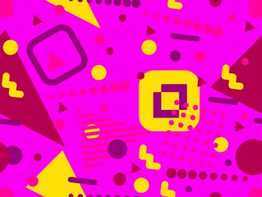 80 'lerin tarzında Memphis elementleriyle geometrik kusursuz desen. Renkli geometrik desen. Promosyon ürünleri tasarımı, ambalaj kağıdı ve baskı. Vektör illüstrasyonu