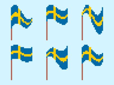 İsveç pikseli bayrak simgesi seti. İsveç bayrağını 80 'lerin 8bit retro grafik tarzında sallıyor. Pankartlar ve posterler için pikseller tasarlandı. Vektör illüstrasyonu