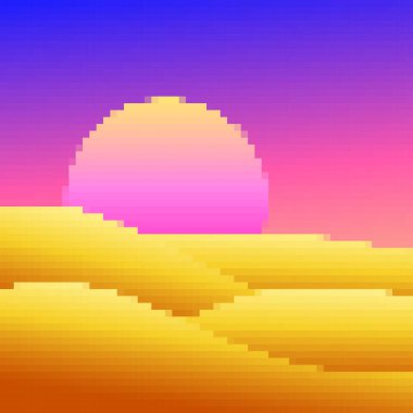 Piksel sanat tarzında çöl manzarası. 80 'lerin ve 90' ların 8-bit retro grafikleri şeklinde kum tepeciklerinin üzerinde güneş. Piksel çöl manzarası. Afişler ve afişler için tasarım. Vektör illüstrasyonu