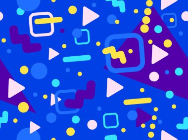 80 'lerin tarzında Memphis elementleriyle geometrik kusursuz desen. Renkli geometrik desen. Promosyon ürünleri tasarımı, ambalaj kağıdı ve baskı. Vektör illüstrasyonu