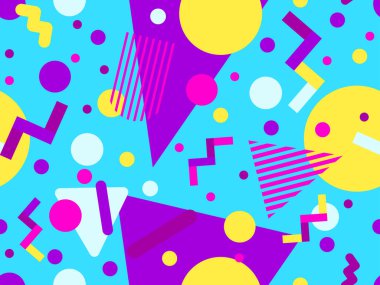 80 'lerin tarzında Memphis elementleriyle geometrik kusursuz desen. Renkli geometrik desen. Promosyon ürünleri tasarımı, ambalaj kağıdı ve baskı. Vektör illüstrasyonu