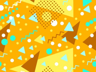 80 'lerin tarzında Memphis elementleriyle geometrik kusursuz desen. Renkli geometrik desen. Promosyon ürünleri tasarımı, ambalaj kağıdı ve baskı. Vektör illüstrasyonu