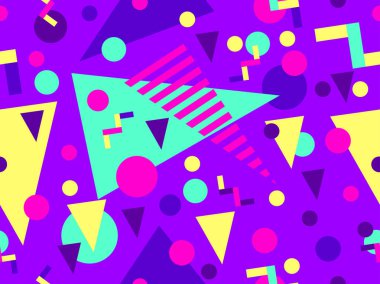 80 'lerin tarzında Memphis elementleriyle geometrik kusursuz desen. Renkli geometrik desen. Promosyon ürünleri tasarımı, ambalaj kağıdı ve baskı. Vektör illüstrasyonu