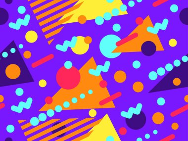 80 'lerin tarzında Memphis elementleriyle geometrik kusursuz desen. Renkli geometrik desen. Promosyon ürünleri tasarımı, ambalaj kağıdı ve baskı. Vektör illüstrasyonu