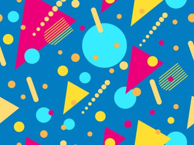 80 'lerin tarzında Memphis elementleriyle geometrik kusursuz desen. Renkli geometrik desen. Promosyon ürünleri tasarımı, ambalaj kağıdı ve baskı. Vektör illüstrasyonu