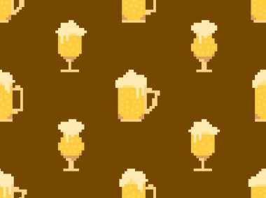 Piksel şeklinde bira bardaklarıyla kusursuz desen. 8 bitlik köpüklü bira bardağı. Piksel birası 80lerde ve 90larda 8- bit retro grafik tarzında. Afişler ve posterler için tasarım. Vektör illüstrasyonu