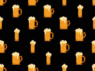 Piksel şeklinde bira bardaklarıyla kusursuz desen. 8 bitlik köpüklü bira bardağı. Piksel birası 80lerde ve 90larda 8- bit retro grafik tarzında. Afişler ve posterler için tasarım. Vektör illüstrasyonu