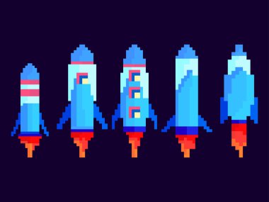 Piksel uzay gemisi simgesi seti. Uzay roketleri 80 'lerin 8-bit retro grafik tarzında. Piksel sanat tarzında uzay gemileri. Afişler, mobil uygulamalar ve basılı ürünler için tasarım. Vektör illüstrasyonu