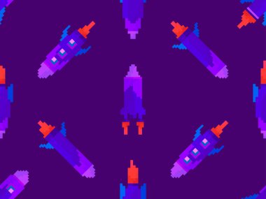 Piksel uzay gemileri pürüzsüz desen. Uzay roketleri 80 'lerin 8-bit retro grafik tarzında. Piksel sanat tarzında uzay gemileri. Afişler, uygulamalar ve basılı ürünler için tasarım. Vektör illüstrasyonu