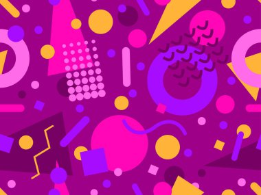 80 'lerin tarzında Memphis elementleriyle geometrik kusursuz desen. Renkli geometrik desen. Promosyon ürünleri tasarımı, ambalaj kağıdı ve baskı. Vektör illüstrasyonu