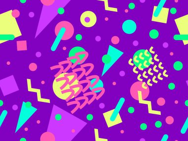 80 'lerin tarzında Memphis elementleriyle geometrik kusursuz desen. Renkli geometrik desen. Promosyon ürünleri tasarımı, ambalaj kağıdı ve baskı. Vektör illüstrasyonu