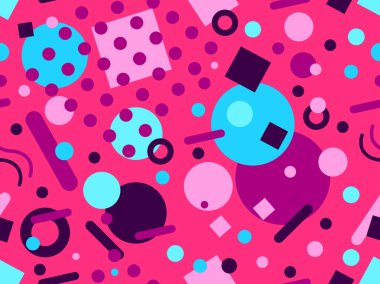 80 'lerin tarzında Memphis elementleriyle geometrik kusursuz desen. Renkli geometrik desen. Promosyon ürünleri tasarımı, ambalaj kağıdı ve baskı. Vektör illüstrasyonu