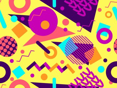 80 'lerin tarzında Memphis elementleriyle geometrik kusursuz desen. Renkli geometrik desen. Promosyon ürünleri tasarımı, ambalaj kağıdı ve baskı. Vektör illüstrasyonu