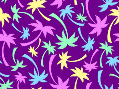 Renkli palmiye ağaçlarıyla kusursuz desen. Yaz zamanı, tropik palmiye ağaçları desenli duvar kağıdı. Tişört, pankart ve promosyon ürünleri için tasarım. Vektör illüstrasyonu