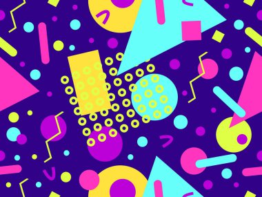 80 'lerin tarzında Memphis elementleriyle geometrik kusursuz desen. Renkli geometrik desen. Promosyon ürünleri tasarımı, ambalaj kağıdı ve baskı. Vektör illüstrasyonu