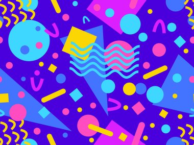 80 'lerin tarzında Memphis elementleriyle geometrik kusursuz desen. Renkli geometrik desen. Promosyon ürünleri tasarımı, ambalaj kağıdı ve baskı. Vektör illüstrasyonu