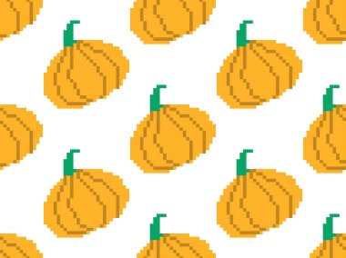 Piksel kabakları pürüzsüz desen. Güz arkaplanı kabaklarıyla birlikte 80 'lerin 8 bit retro grafik tarzında. Paketler, ambalajlar, duvar kağıtları ve pankartlar için tasarlandı. Vektör illüstrasyonu