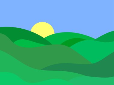 Yeşil tepeli dalgalı bir manzara ve ufukta güneş var. Minimalist tarzda yeşil çayırlı şafak. Posterler, baskılar ve afişler için tasarım. Vektör illüstrasyonu