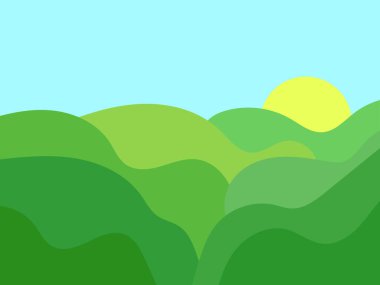 Yeşil tepeli dalgalı bir manzara ve ufukta güneş var. Minimalist tarzda yeşil çayırlı şafak. Posterler, baskılar ve afişler için tasarım. Vektör illüstrasyonu