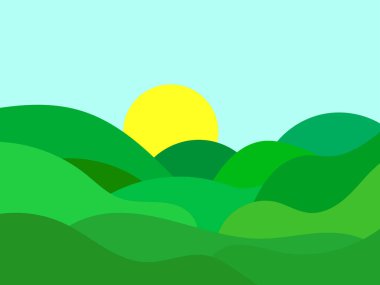 Yeşil tepeli dalgalı bir manzara ve ufukta güneş var. Minimalist tarzda yeşil çayırlı şafak. Posterler, baskılar ve afişler için tasarım. Vektör illüstrasyonu