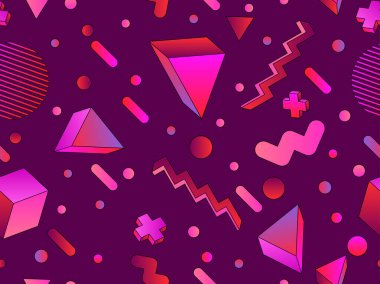 80 'lerin tarzında 3 boyutlu şekilleri olan geometrik dikişsiz desen. Renkli gradyan geometrik desen izometrik tarzda. Promosyon ürünleri tasarımı, ambalaj kağıdı ve baskı. Vektör illüstrasyonu