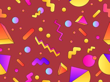 80 'lerin tarzında 3 boyutlu şekilleri olan geometrik dikişsiz desen. Renkli gradyan geometrik desen izometrik tarzda. Promosyon ürünleri tasarımı, ambalaj kağıdı ve baskı. Vektör illüstrasyonu