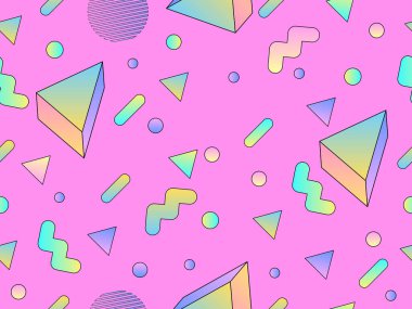80 'lerin tarzında 3 boyutlu şekilleri olan geometrik dikişsiz desen. Renkli gradyan geometrik desen izometrik tarzda. Promosyon ürünleri tasarımı, ambalaj kağıdı ve baskı. Vektör illüstrasyonu