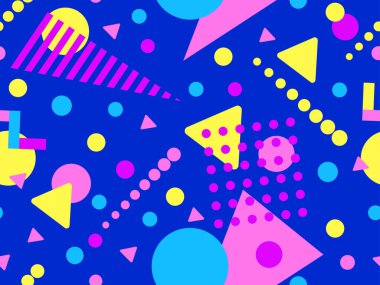 80 'lerin tarzında Memphis elementleriyle geometrik kusursuz desen. Renkli geometrik desen. Promosyon ürünleri tasarımı, ambalaj kağıdı ve baskı. Vektör illüstrasyonu