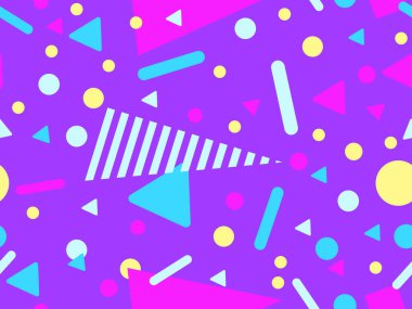 80 'lerin tarzında Memphis elementleriyle geometrik kusursuz desen. Renkli geometrik desen. Promosyon ürünleri tasarımı, ambalaj kağıdı ve baskı. Vektör illüstrasyonu