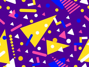 80 'lerin tarzında Memphis elementleriyle geometrik kusursuz desen. Renkli geometrik desen. Promosyon ürünleri tasarımı, ambalaj kağıdı ve baskı. Vektör illüstrasyonu