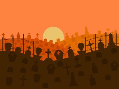 Gün batımında mezarlık. Günbatımında mezarlı cadılar bayramı geçmişi, haçlı mezarlar. Mezar taşları ve mezar haçları olan bir mezarlığın silueti. Afişler ve posterler için tasarım. Vektör illüstrasyonu