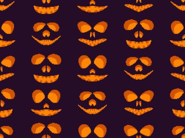 Piksel resim tarzında, cadılar bayramı korkunç yüzü olan kusursuz bir desen. Piksel korkunç balkabağı suratı 80 'lerin oyunlarının 8-bit retro grafik tarzında. Duvar kağıtları, afişler ve posterler için tasarım. Vektör illüstrasyonu