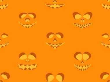 Piksel resim tarzında, cadılar bayramı korkunç yüzü olan kusursuz bir desen. Piksel korkunç balkabağı suratı 80 'lerin oyunlarının 8-bit retro grafik tarzında. Duvar kağıtları, afişler ve posterler için tasarım. Vektör illüstrasyonu