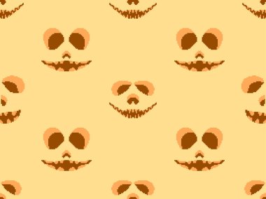 Piksel resim tarzında, cadılar bayramı korkunç yüzü olan kusursuz bir desen. Piksel korkunç balkabağı suratı 80 'lerin oyunlarının 8-bit retro grafik tarzında. Duvar kağıtları, afişler ve posterler için tasarım. Vektör illüstrasyonu