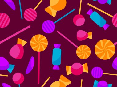 Cadılar Bayramı şekerleriyle kusursuz desen. Cadılar Bayramı şekerleri ve lolipoplar, şeker ya da şaka. Duvar kağıtları, ambalajlar, kapaklar ve afişler için yayılmış şeker tasarımı. Vektör illüstrasyonu